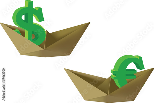 barchetta di carta con dollaro e euro simbolo