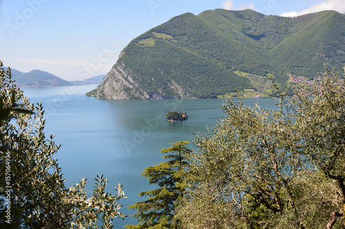 Lake panorama from "Monte Isola". Italian landscape. Island on lake. View from the island Monte Isola on Lake Iseo, Italy 