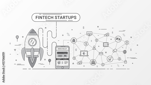 Fintech startup infographic. Financial technology and new business investment with blockchain technology contain Rocket, Digital mobile wallet and Mobile payment, Online shopping icons and e-commerce.