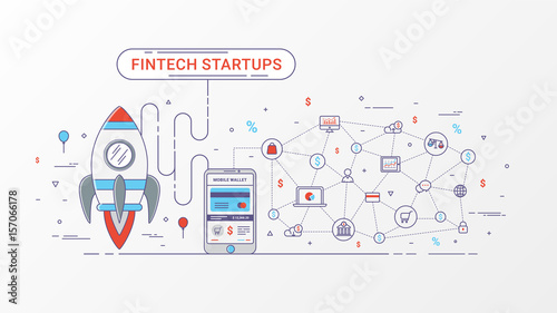 Fintech startup infographic. Financial technology and new business investment with blockchain technology contain Rocket, Digital mobile wallet and Mobile payment, Online shopping icons and e-commerce.