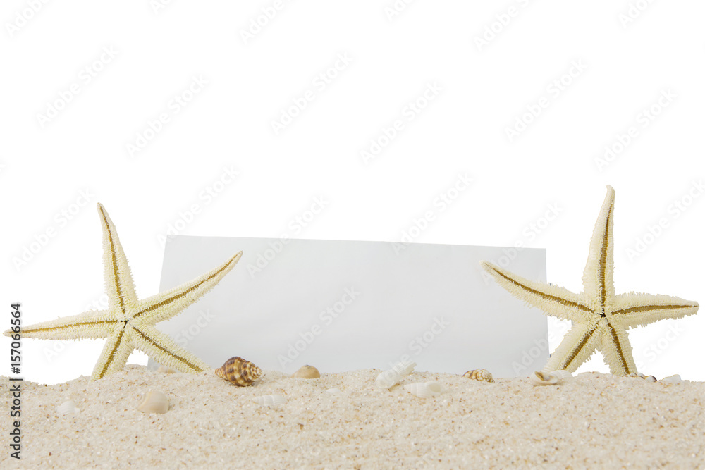 Empty banner with starfishes on sand Empty banner with starfishes on sand