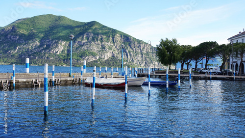 ISEO, ITALY - MAY 13, 2017: View of harbor of Iseo on Lake Iseo, Lombardy, Italy