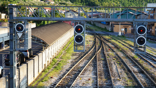 Train traffic lights. Railway traffic lights show a stop signal. photo