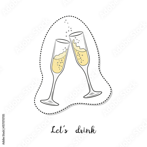 Cartoon sticker with glasses of champagne on white background.