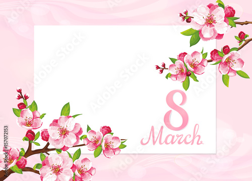 VECTOR eps 10.  Japanese flowering on the branch with blue background. For Mother's day with beauty number 8. 
