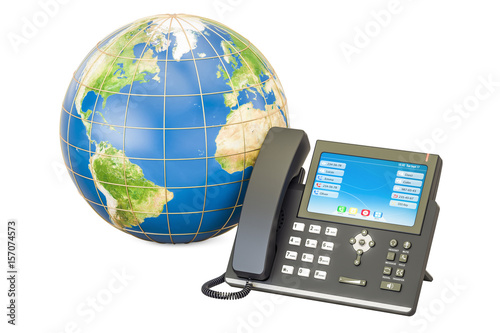 Global communication concept. IP phone with Earth globe, 3D rendering