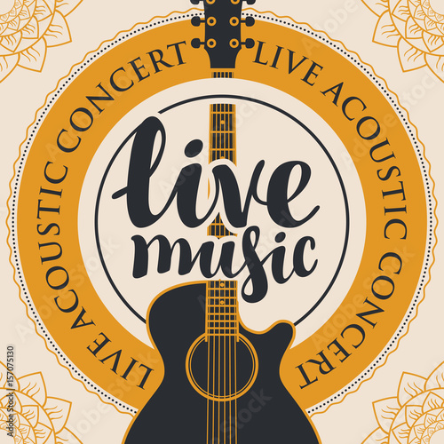 banner with acoustic guitar, inscription live music and the words live acoustic concert, written around with floral patterns in the corners