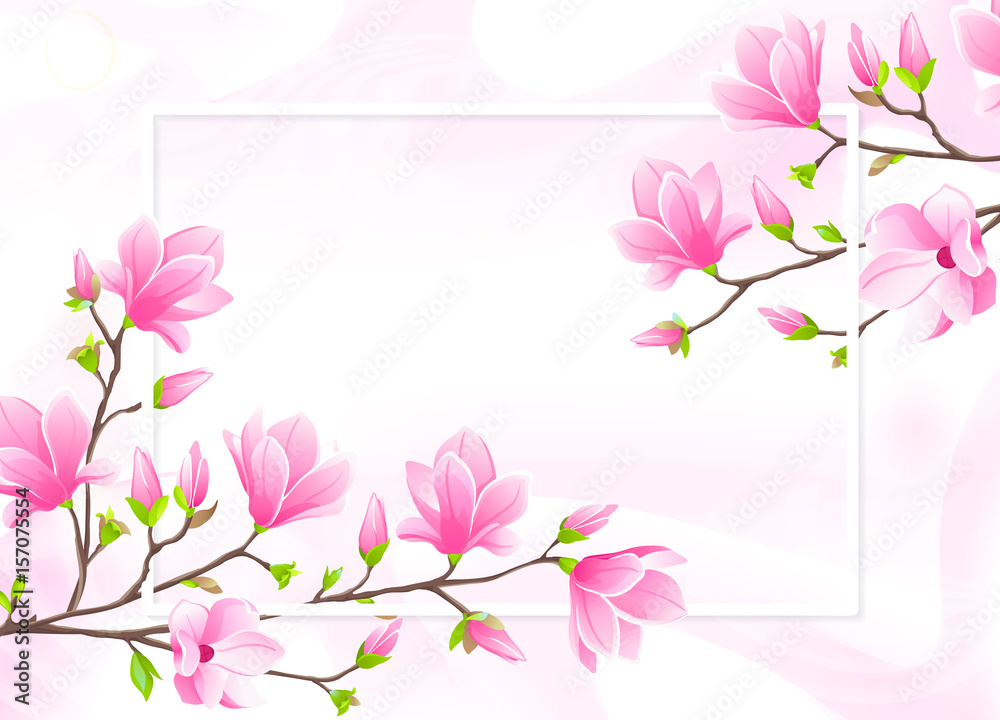 VECTOR eps 10. Magnolia flowers on the branch. White frame for text.  
