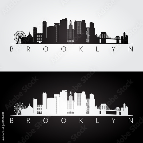 Brooklyn, New York city, USA skyline and landmarks silhouette, black and white design. photo