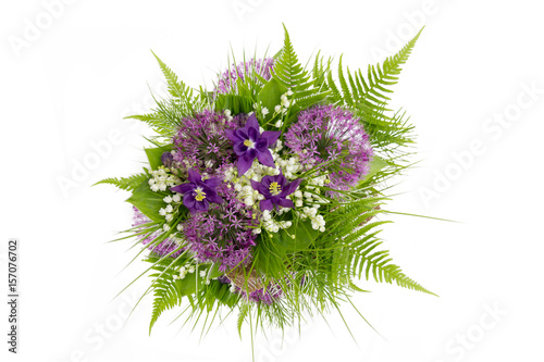 Spring bouqet with Convallaria ,Allium and Aquilegia isolated on white.Top view with copy space. 