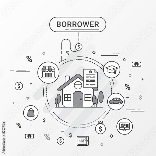 Borrower infographics design concept. Flat line vector image contains loan shopping, education, trading, home loan trading, commerce, and business