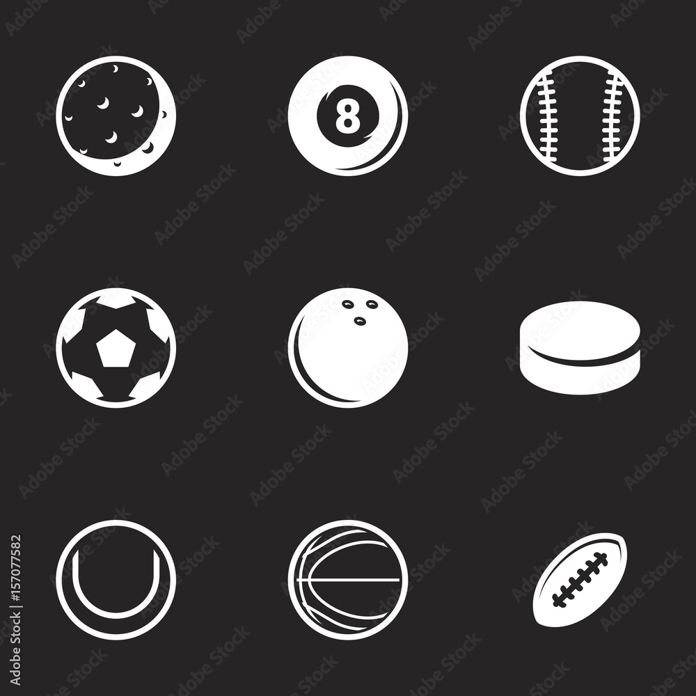 Icons for theme Sports balls. Black background, vector, icon, set Icons for theme Sports balls. Black background, vector, icon, set