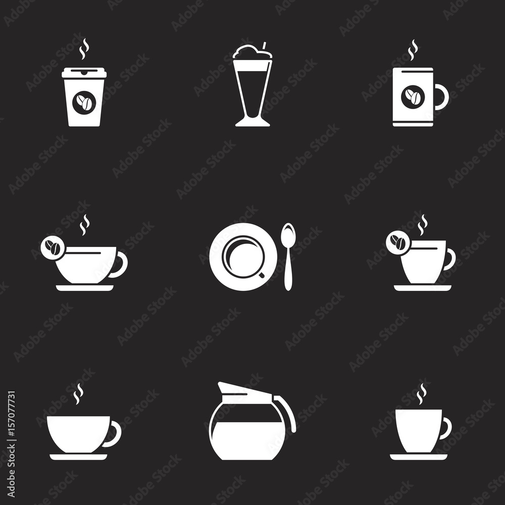 Vector black coffee icons set. Black background Vector black coffee icons set. Black background