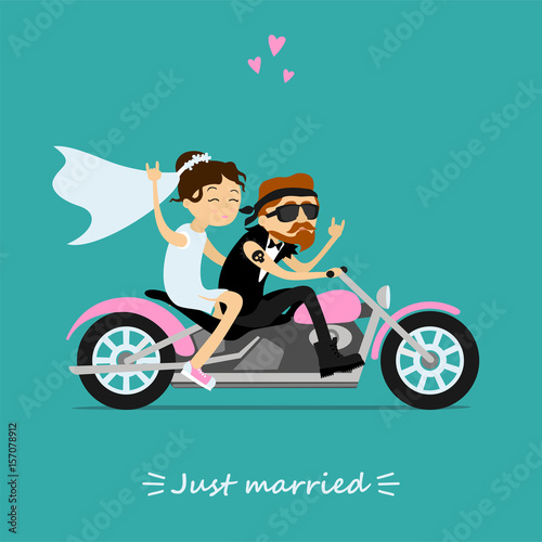 Fun greeting card. Groom and bride bikers riding on motorcycle. Wedding couple. Inscription just married. 