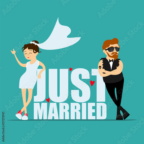 Fun greeting card. Groom and bride.Wedding couple. Inscription just married. 