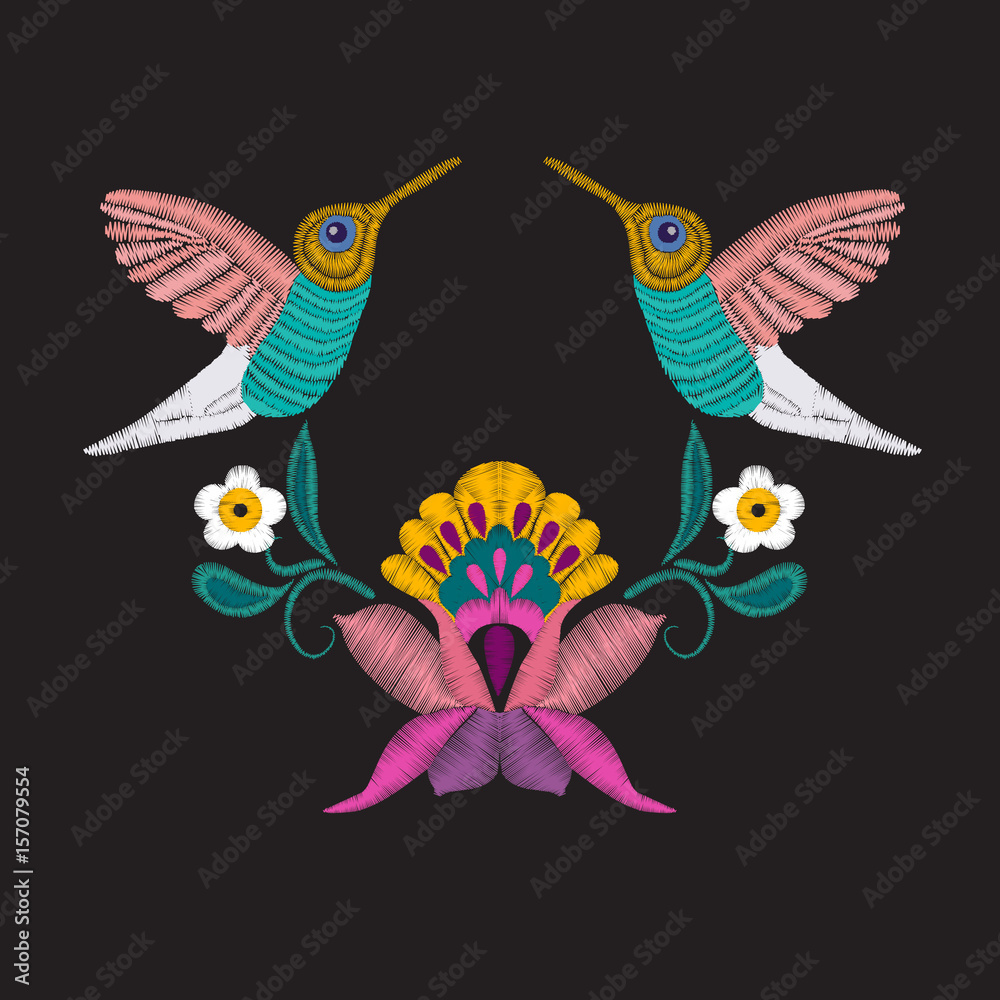 Embroidered design elements with flowers and tropical bird Embroidered design elements with flowers and tropical bird