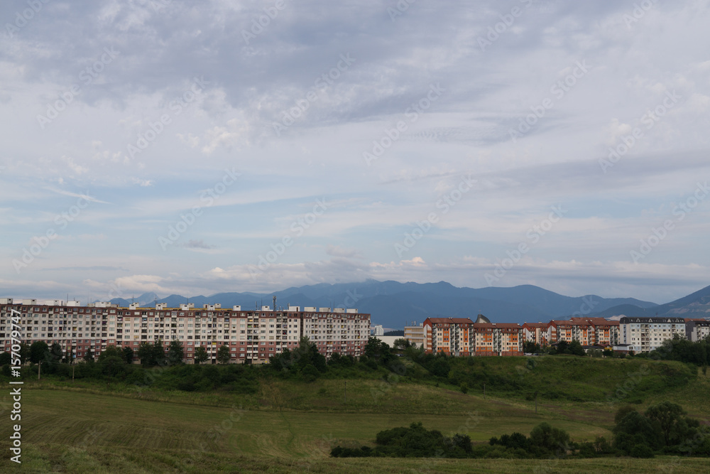 Sunrise and sunset over the hills and town. Slovakia