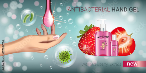 Strawberry flavor Antibacterial hand gel ads. Vector Illustration with antiseptic hand gel in bottles and strawberry elements.