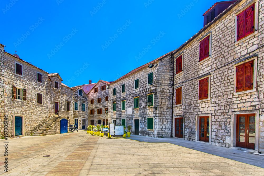 Colorful ancient square in Starigrad place, summer travel destination in Croatia, Iland Hvar scenery.