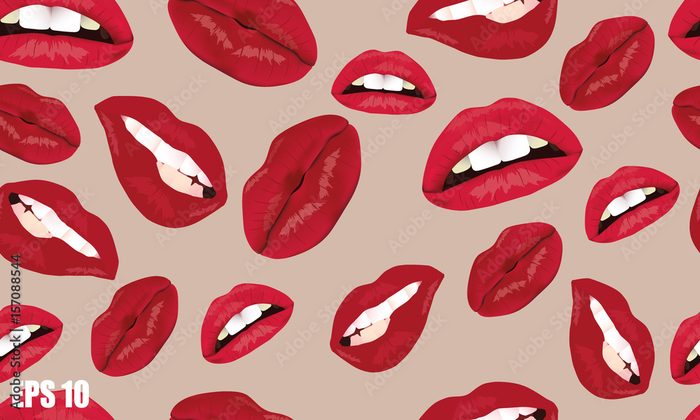 The pattern of female lips. A set of lips with an open mouth and teeth. A pattern of lips on a light background. The pattern of female lips. A set of lips with an open mouth and teeth. A pattern of lips on a light background.