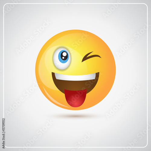 Yellow Smiling Cartoon Face Positive People Emotion Show Tongue Icon Flat Vector Illustration