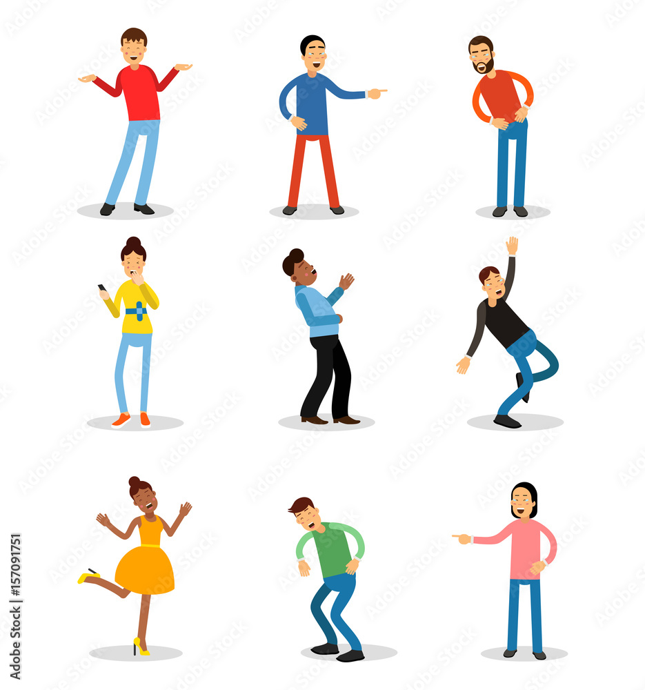 Young men and women having fun and smiling set. Happy people vector illustrations