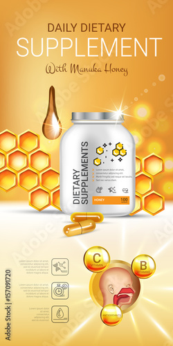 Manuka Honey dietary supplement ads. Vector Illustration with honey supplement contained in bottle and honey elements.