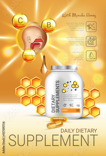 Manuka Honey dietary supplement ads. Vector Illustration with honey supplement contained in bottle and honey elements