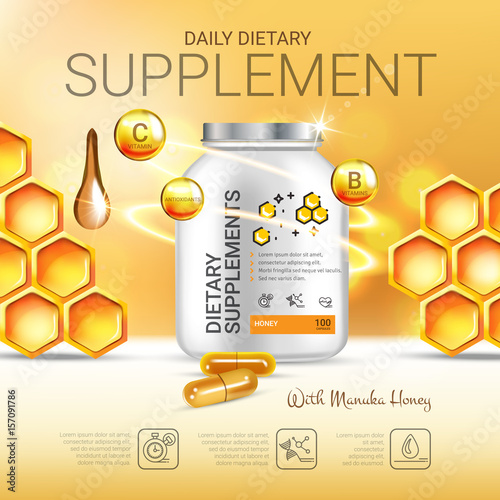 Manuka Honey dietary supplement ads. Vector Illustration with honey supplement contained in bottle and honey elements.