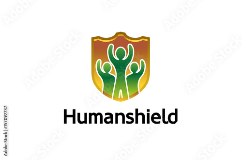 Three People Group Shield Security Logo Design Illustration