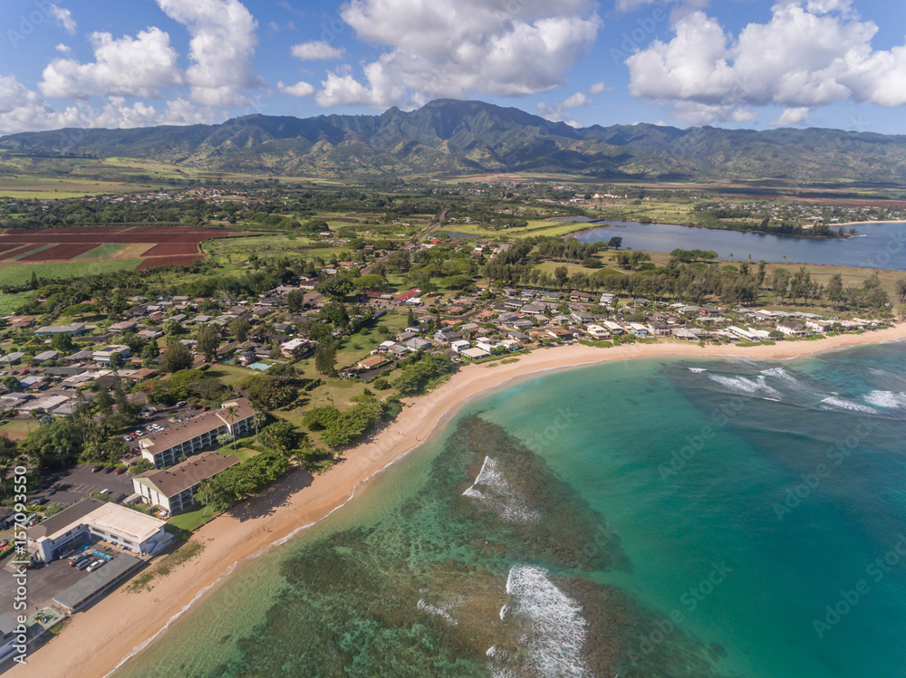Aerial view of Haleiwa Beach on the north shore of Oahu Hawaii