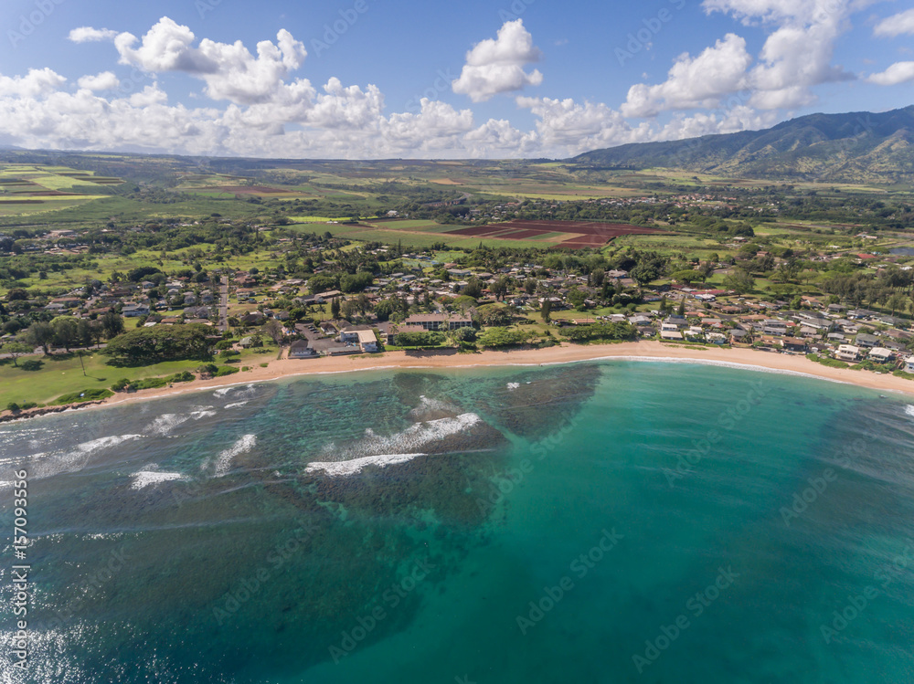Aerial view of Haleiwa Beach on the north shore of Oahu Hawaii