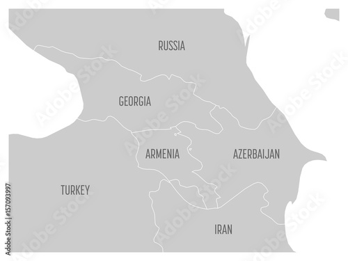Map of Caucasian region with states of Georgia, Armenia, Azerbaijan, Russia Turkey and Iran. Flat grey map with white country borders.