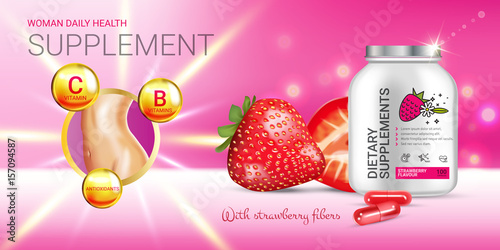 Strawberry dietary supplement ads. Vector Illustration with supplement contained in bottle and strawberry elements