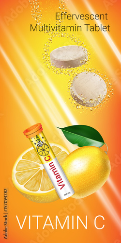 Effervescent Multivitamin tablets ads. Vector Illustration with Vitamin C container and lemon.