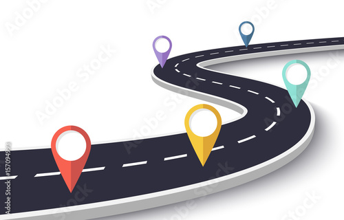 Winding Road on a White Isolated Background. Road way location infographic template with pin pointer. Vector EPS 10