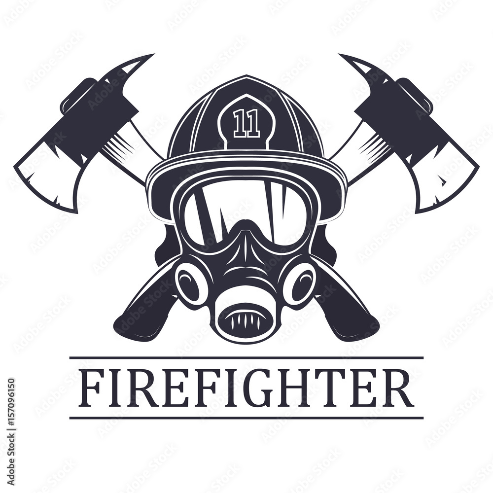 Fototapeta premium firefighter . emblem, icon, logo. Fire. mask firefighter and two axes. monochrome vector illustration.