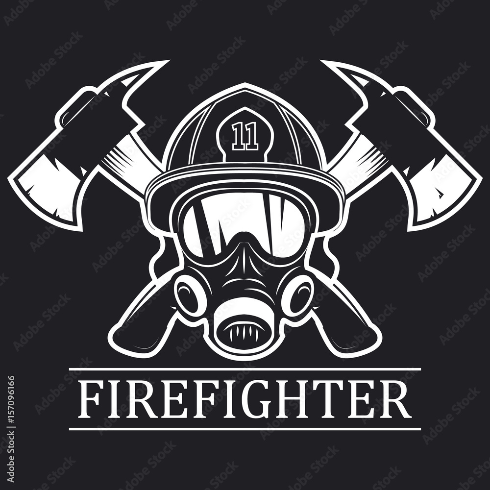 Fototapeta premium firefighter . emblem, icon, logo. Fire. mask firefighter and two axes. monochrome vector illustration.