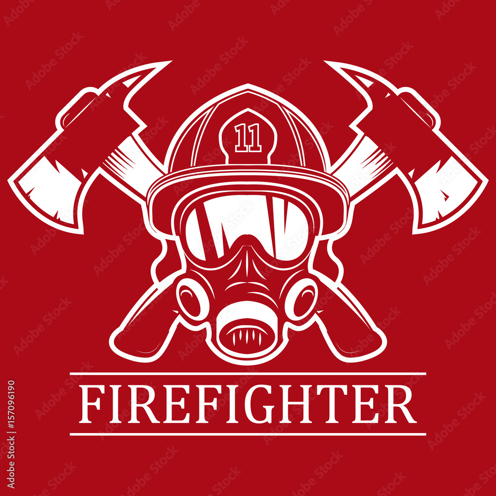 Fototapeta premium firefighter . emblem, icon, logo. Fire. mask firefighter and two axes. monochrome vector illustration.