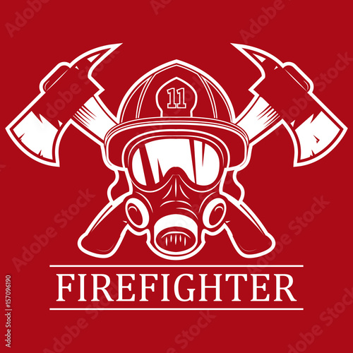 firefighter . emblem, icon, logo. Fire. mask firefighter and two axes.  monochrome vector illustration.