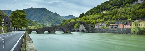 panorama with bridge and green river in Italy