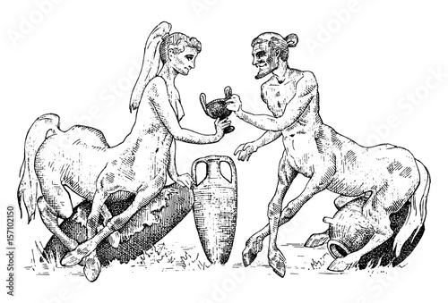 two Centaurus sharing wine illustration, hand drawn or engraved old looking fantastic, fairytale beasts half man with horse body, greek mythology
