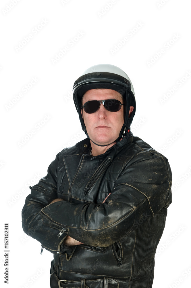 Man wearing leather jacket and biking helmet
