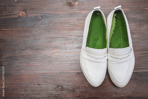Women's white shoes and green leaves inside photo