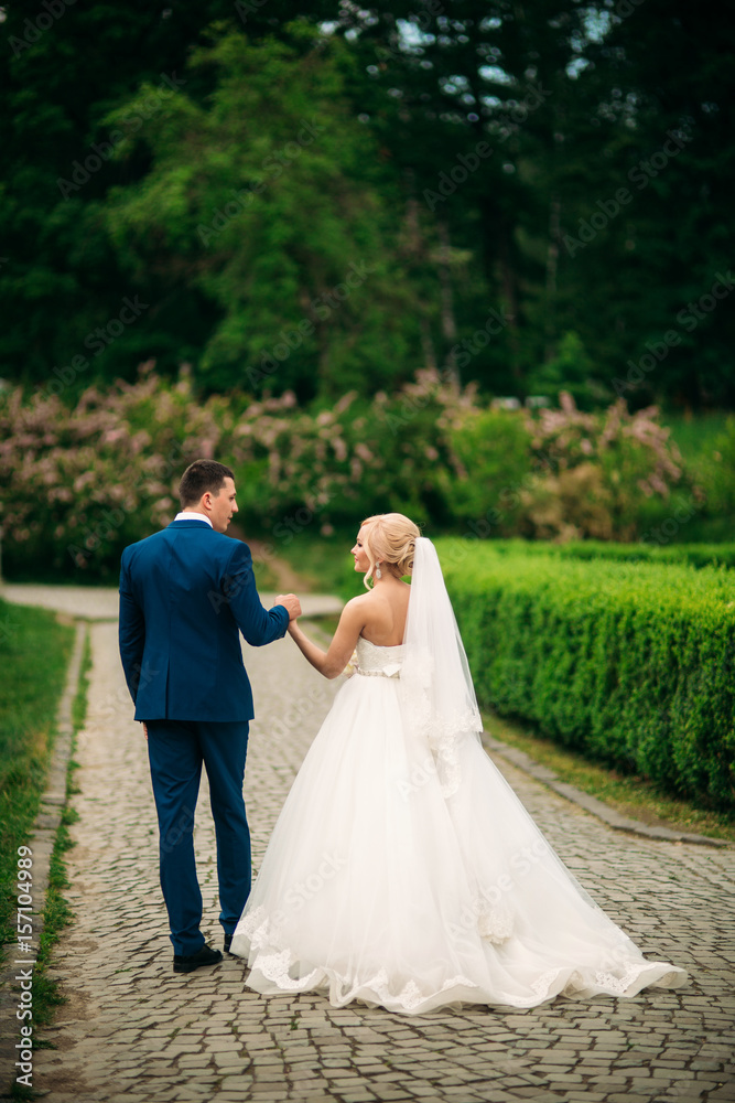 The newlyweds are walking in the park on the wedding day. The bride and groom Enjoying at the wedding day. Sunny weather. Spring.
The newlyweds are walking in the park on the wedding day. The bride and groom Enjoying at the wedding day. Sunny weather. Spring.