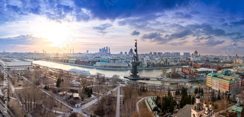 wide angle aerial panorama of Moscow city center, Moscow River and the Bypass canal in Moscow, monument to Peter I, The Cathedral of Christ the Savior, Brusov ship and Museon park