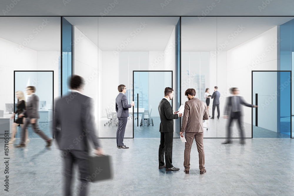 Blue transparent office hall, people Blue transparent office hall, people