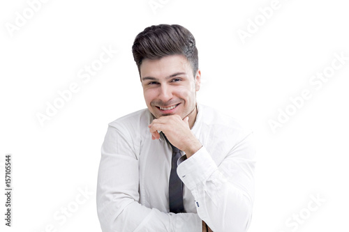 Cheerful businessman sitting, isolated