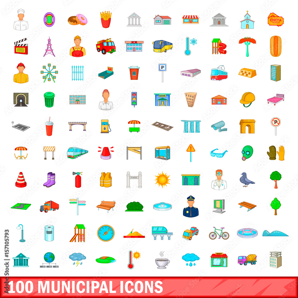 100 municipal icons set, cartoon style