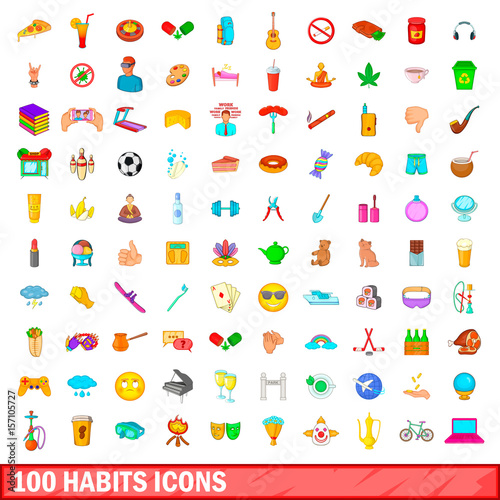 100 habits icons set, cartoon style © ylivdesign